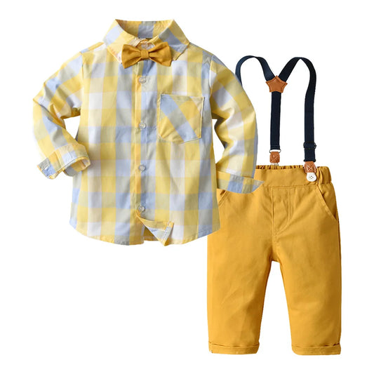 Boy Formal Suit Party Wear Spring 1 2 3 4 5 6 Years Kids Clothing Outfit Plaid Shirt Pants Suspender Boys Clothes Set