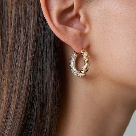 Uworld Gorgeous Twisted Cubic Zirconia Stainless Steel Hoop Earrings Gold Color Stylish Trendy Charm Micro Zircon Jewelry Women