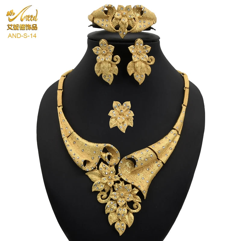 ANIID-Ensembles de bijoux africains pour femmes, boucles d'oreilles fleur, collier ras du cou, bracelet, hawaïen, indien, Dubaï, bijoux dorés, accessoires