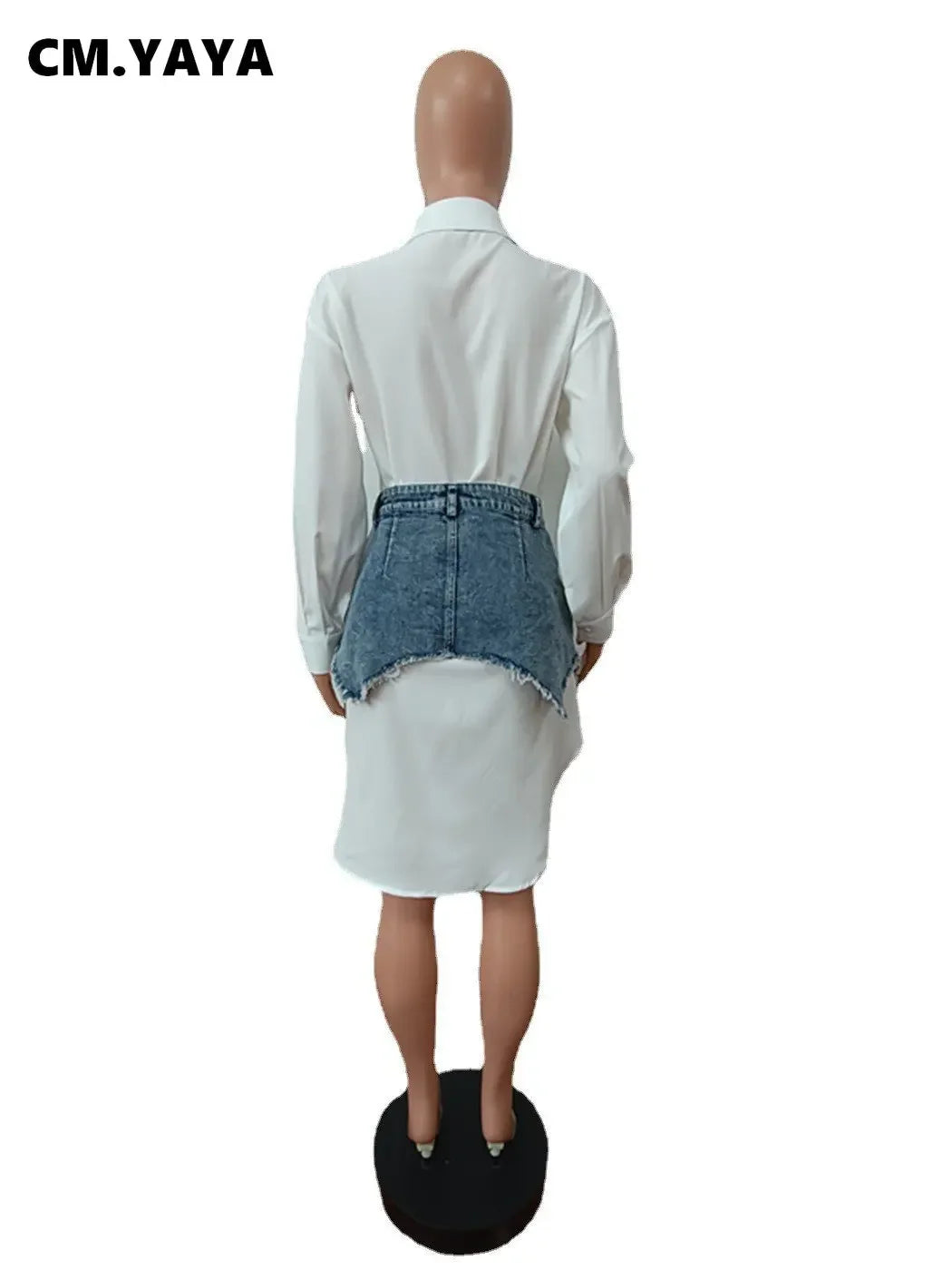 CM.YAYA-Robe Vintage à Manches sulfpour Femme, Col Rabattu, Chemise Style Chemisier avec Jean Denim, Mini Jupe Irrégulière, Ensemble 2 Pièces