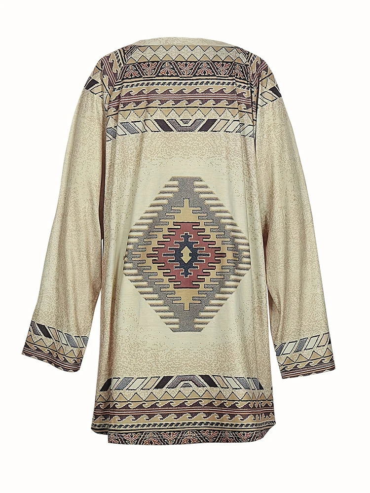Grande taille femmes Vintage Style ethnique imprimé T-shirt ample manches longues Blouse décontracté col rond hauts sweat pull