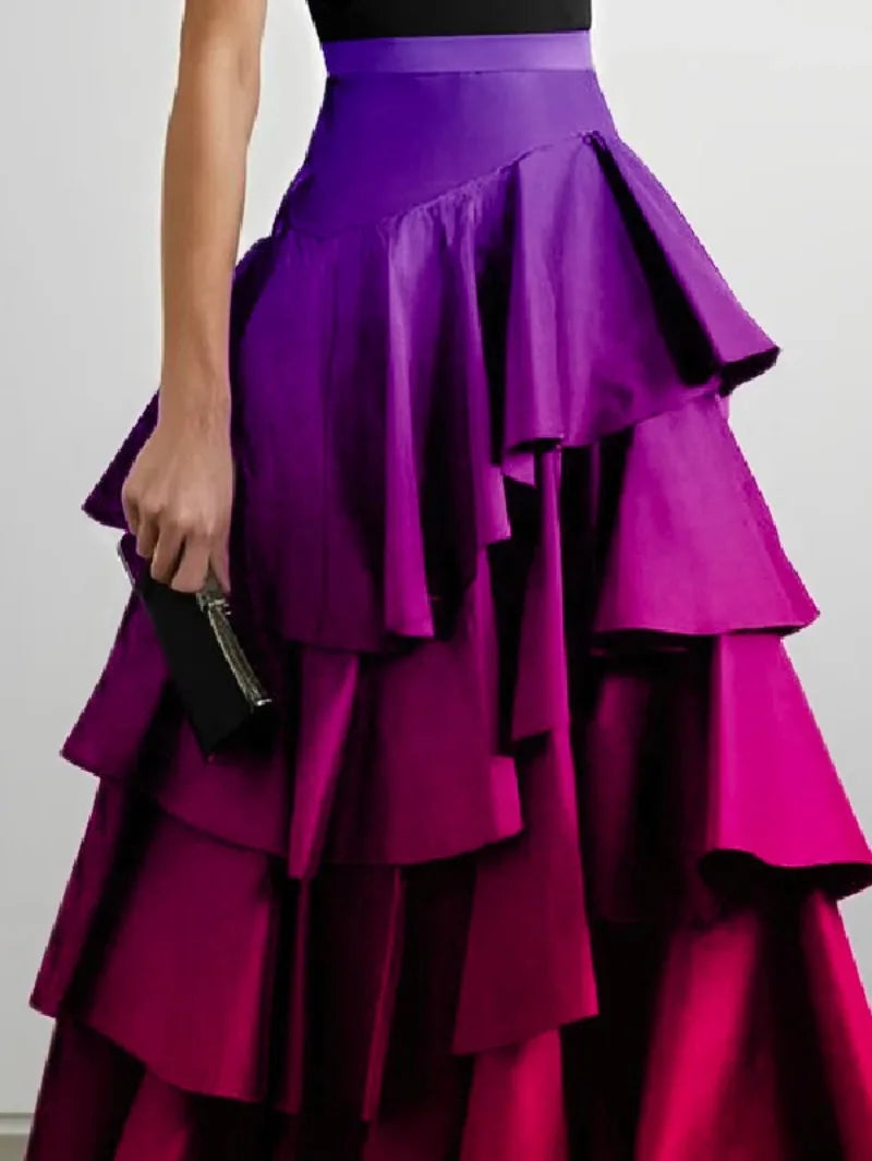 Beautyblue robes de soirée élégantes pour femmes 2025 dégradé jupes longues mode a-ligne Falbala taille haute bas jupe femme