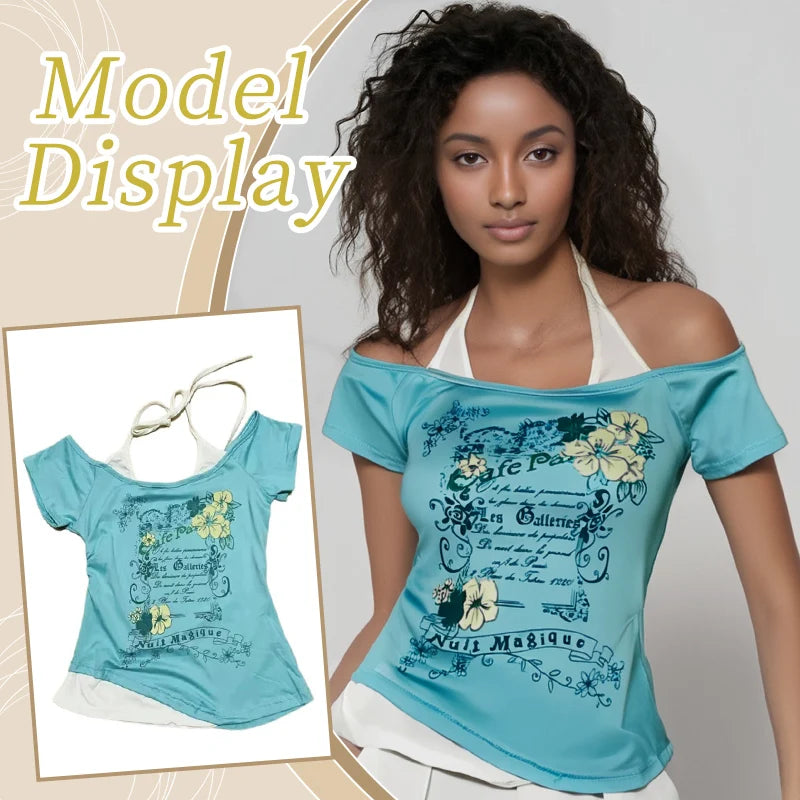 Y2k-T-shirt à Manches Courtes pour Femme, Vêtement Vintage Doux et Sexy, Col Licou, Slim, Décontracté, Populaire, Chic