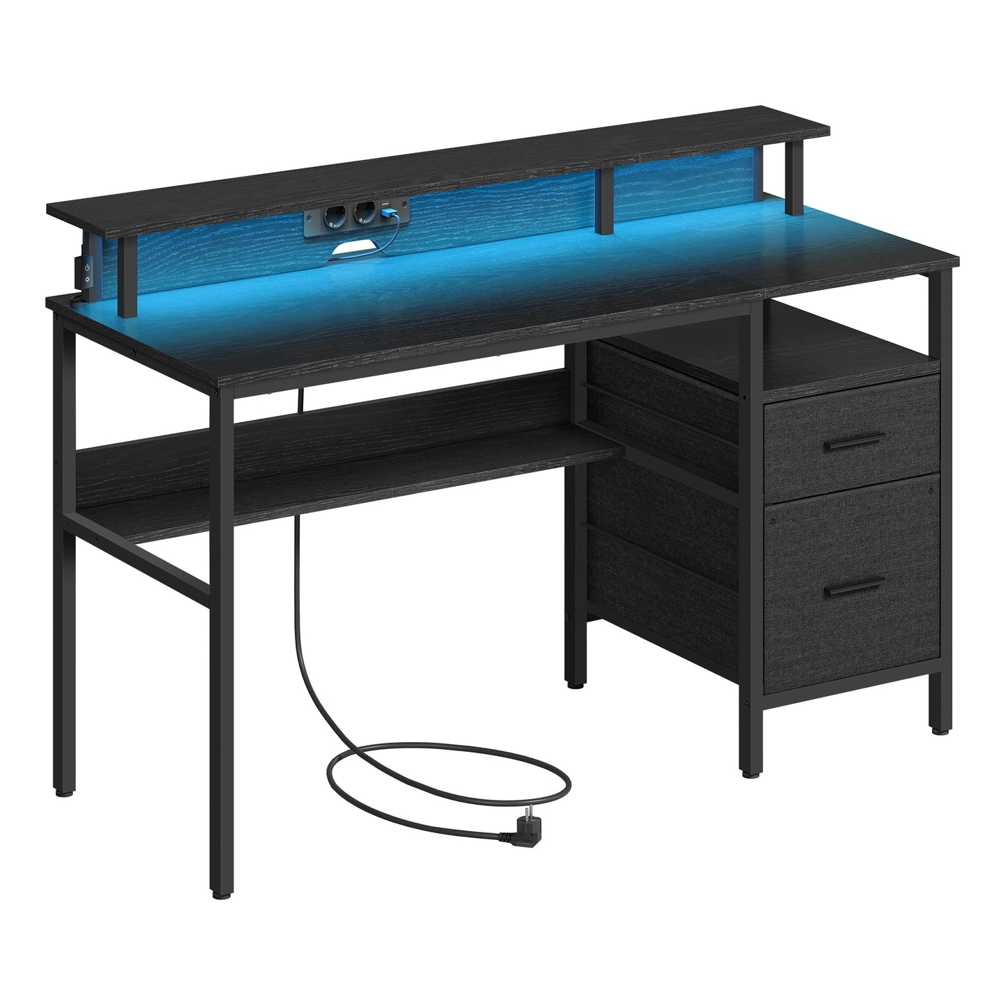 VASAGLE Bureau Gaming avec Lumières LED et Multiprise, Bureau Informatique avec Support d'Écran, Table avec Rangement, 2 Tiroirs en Tissu, 2 Ports USB, pour Bureau
