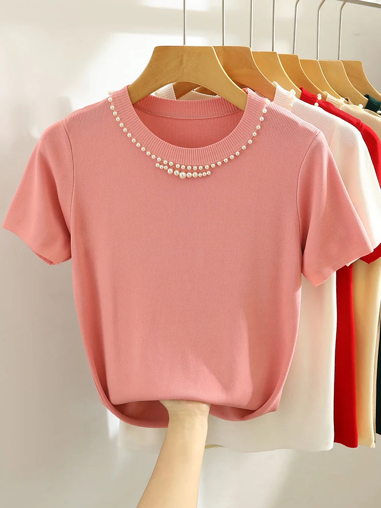 Corée tricoté T-shirt femmes haut solide réservoir Y2K été nouvelle mode femme sans manches perles décontracté mince hauts 2025