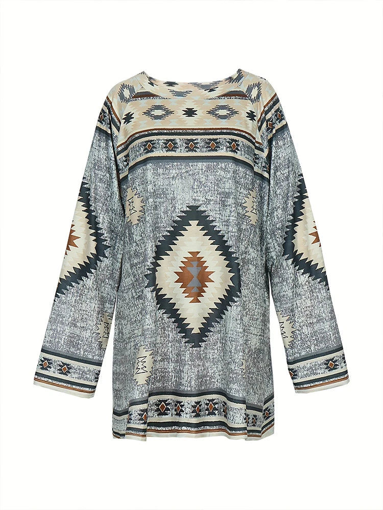 Grande taille femmes Vintage Style ethnique imprimé T-shirt ample manches longues Blouse décontracté col rond hauts sweat pull