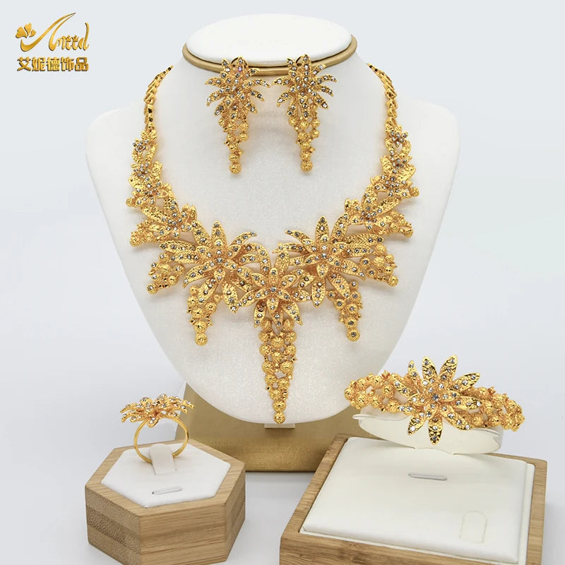 ANIID-Ensembles de bijoux africains pour femmes, boucles d'oreilles fleur, collier ras du cou, bracelet, hawaïen, indien, Dubaï, bijoux dorés, accessoires