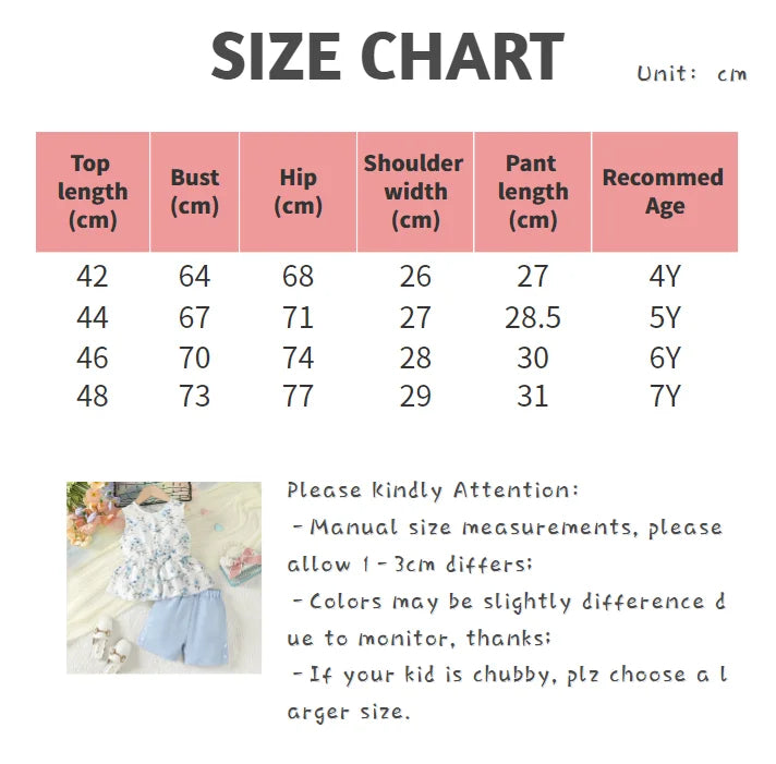 2PCS Children Girls Little Fresh Clothing Set Floral Sleeveless Top + Shorts Sweet Lovely Fashion Costume for Kid Girl 4-7 Years