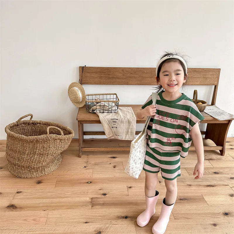 deer jonmi 2024 Summer Korean Style Unisex Kids Striped Outfits Embroidery Loose Tops Shorts 2pcs Toddlers Kids Clothing Sets
