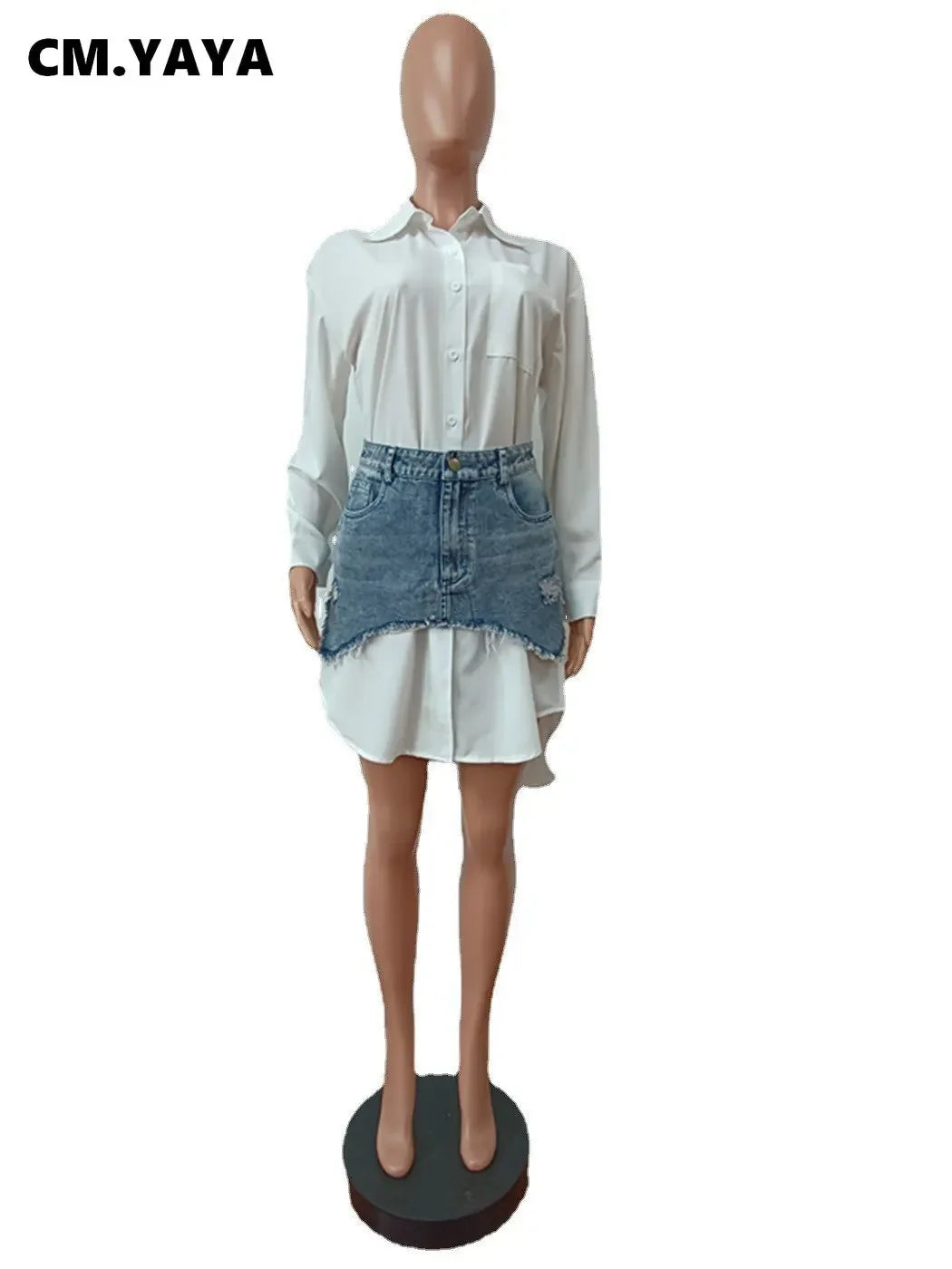 CM.YAYA-Robe Vintage à Manches sulfpour Femme, Col Rabattu, Chemise Style Chemisier avec Jean Denim, Mini Jupe Irrégulière, Ensemble 2 Pièces