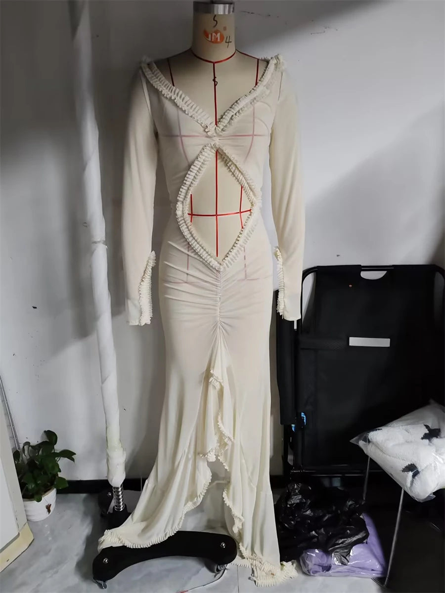 Women's Babydoll Lingerie Mesh Sheer Long Dress Sexy See-Through Long Sleeve Frill Trim V Neck Cutout Long Gown Night Dress