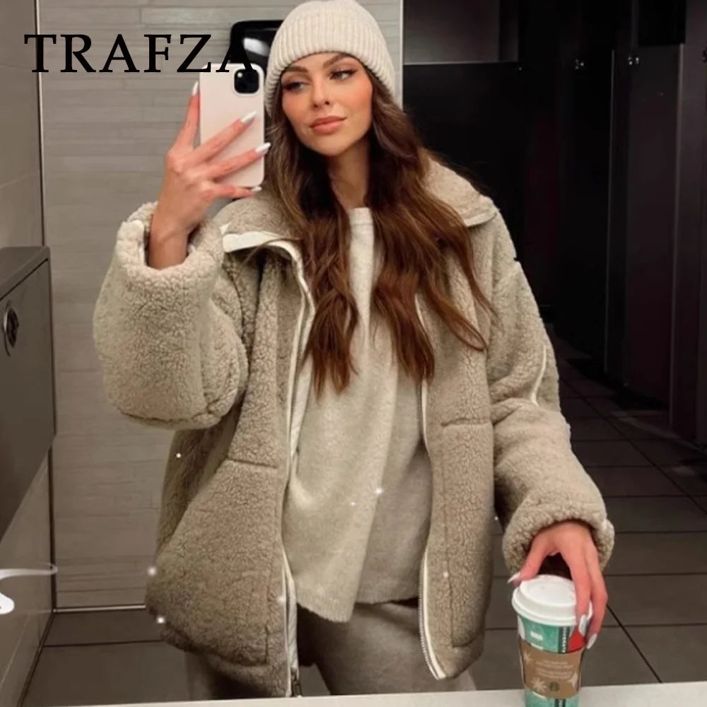 TRAFZA 2024 automne hiver décontracté femmes vestes mode Streetwear épais surdimensionné solide fermeture éclair O cou Teddy polaire dames manteaux