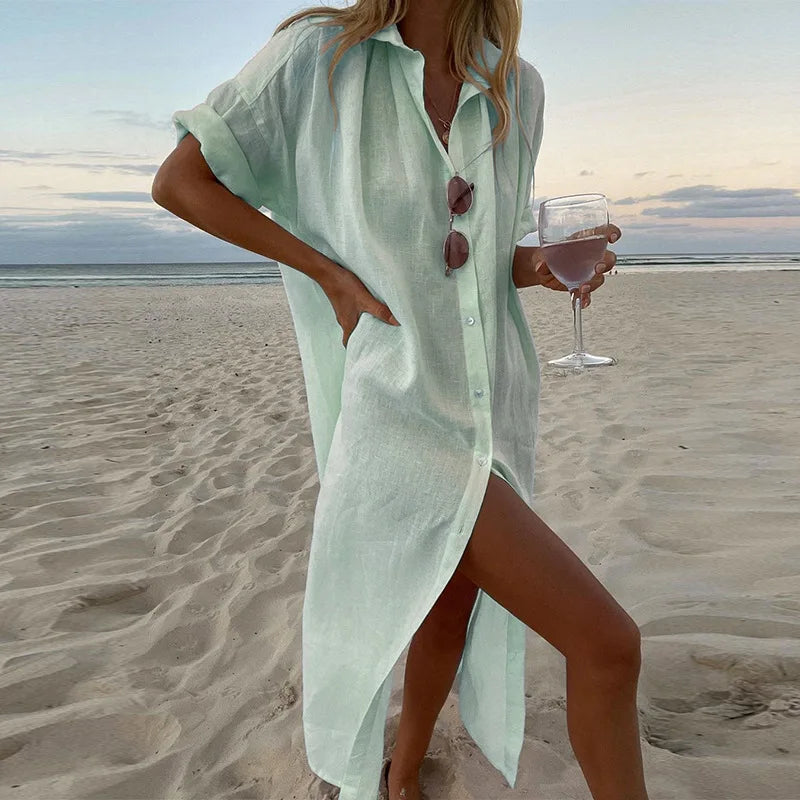 BAMBOOBOY Summer Long Dress Women Three-quarter Sleeve Button Shirts Single Breasted Dresses V-Neck Loose Slit Beach Sundress