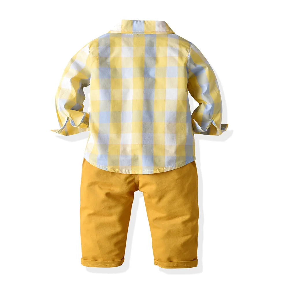 Boy Formal Suit Party Wear Spring 1 2 3 4 5 6 Years Kids Clothing Outfit Plaid Shirt Pants Suspender Boys Clothes Set