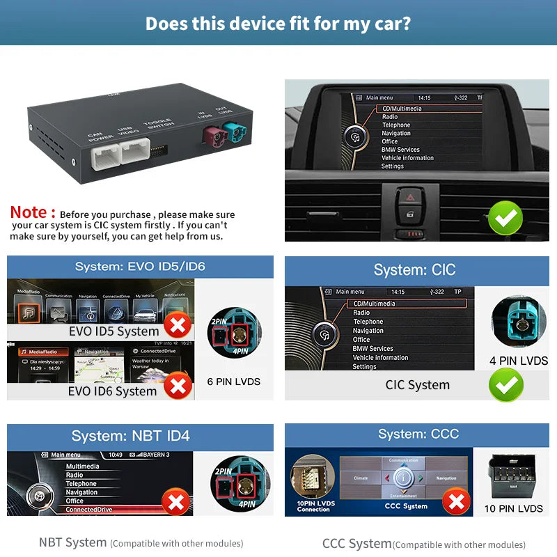 Wireless CarPlay Android Auto For BMW NBT CIC system 1 2 3 4 5 7 Series X1 X3 X4 X5 F20 F21 F23 F30 F31 F34 F35 F32 F10 F11 F48 F25 F26 F15 E60 E84 Prise en charge d'Airplay et du lien miroir, caméra OEM après-vente