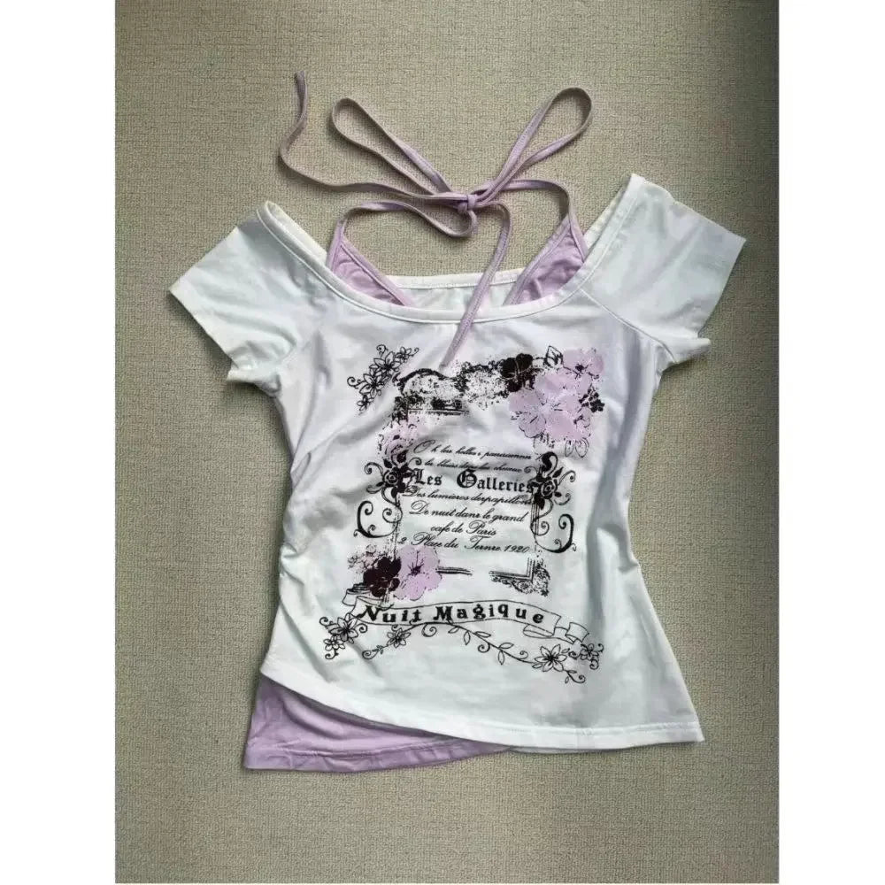 Y2k-T-shirt à Manches Courtes pour Femme, Vêtement Vintage Doux et Sexy, Col Licou, Slim, Décontracté, Populaire, Chic