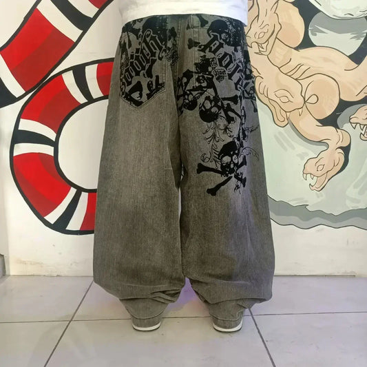 Jean ample rétro américain pour hommes, imprimé tête de mort, pour Couple, Harajuku, gothique, Hip-Hop, pantalon droit à jambes larges, nouvelle collection