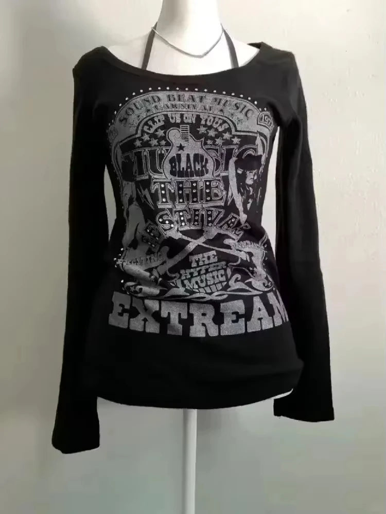 Vintage vêtements femmes imprimer Sexy Punk Streetwear mince Femme t-shirts chemise gothique décontracté Grunge t-shirts 2000s Emo Y2k haut court