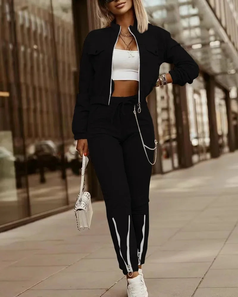 Ensemble de leggings zippés à manches longues pour femmes, veste de proximité, style de rue, 2 pièces