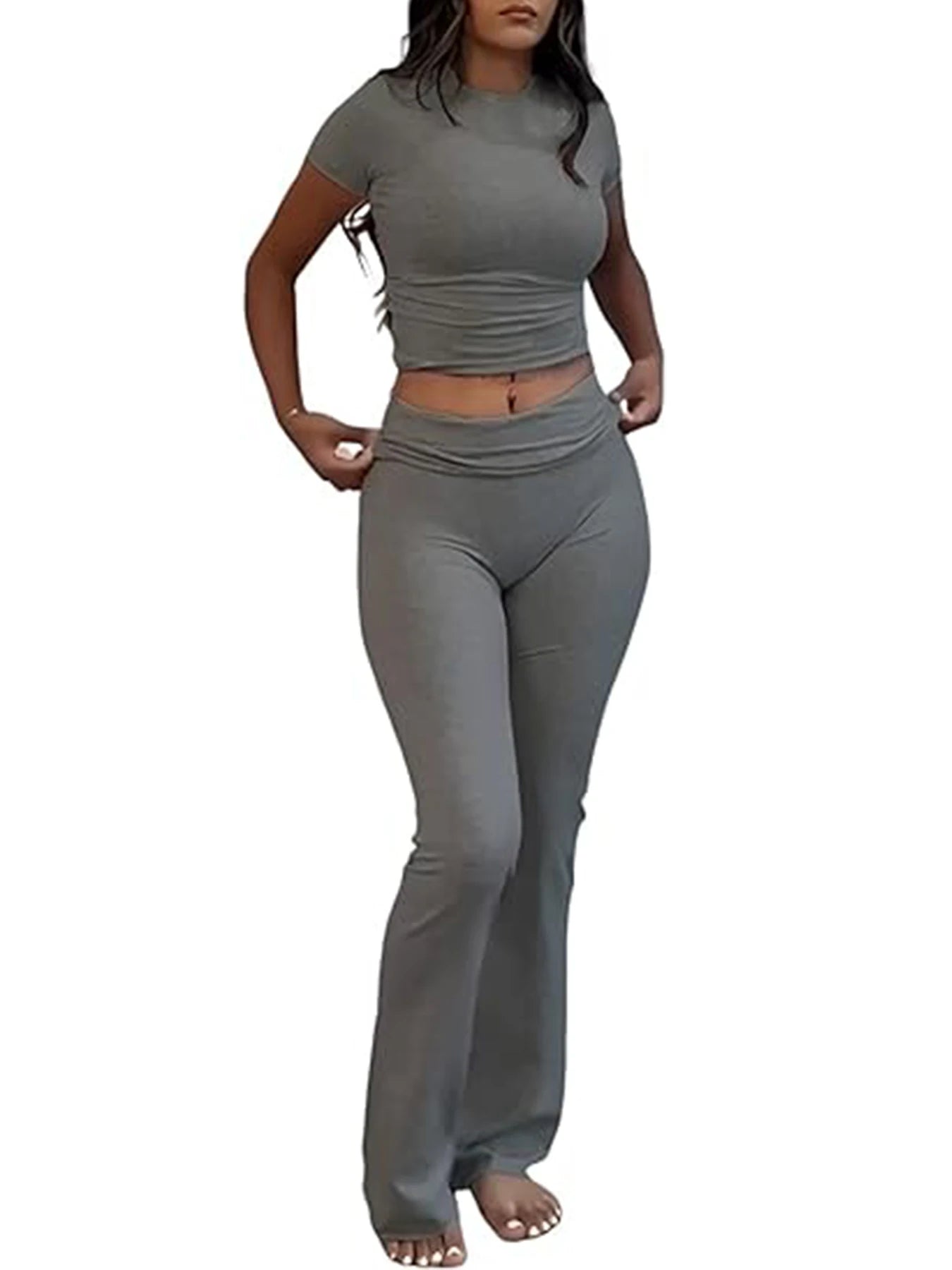 Tenue d'entraînement deux pièces décontractée pour femmes, manches courtes, taille haute, pantalon évasé pliable, ensembles de survêtement, Streetwear