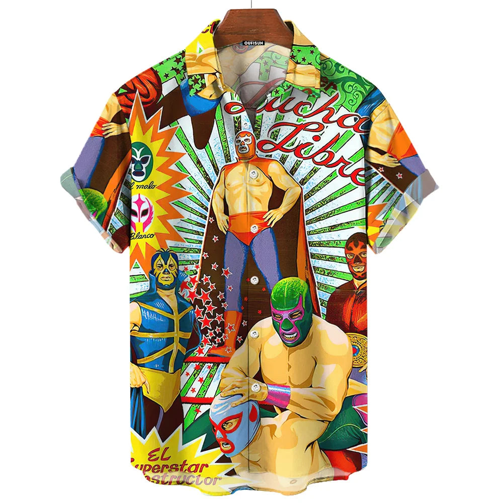 Chemise Vintage pour hommes, imprimé lutte mexicaine en 3d, vêtements pour hommes de haute qualité, ample et surdimensionné, mode décontractée, manches courtes