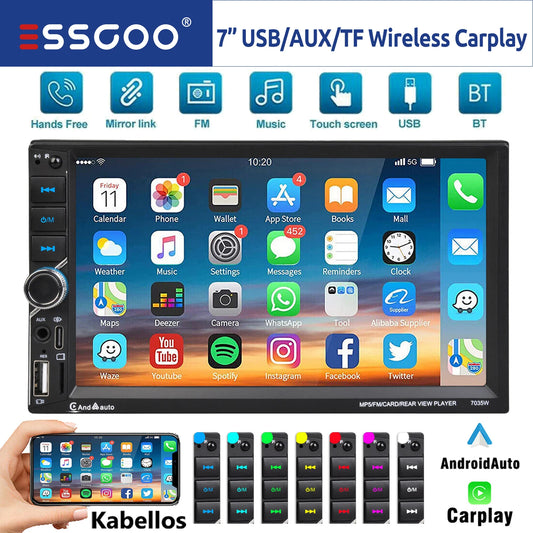 Unité principale autoradio ESSGOO 7 pouces sans fil Apple CarPlay Android Auto Double DIN Radio AUX FM Bluetooth USB TF Touchscreen Mirror Link
