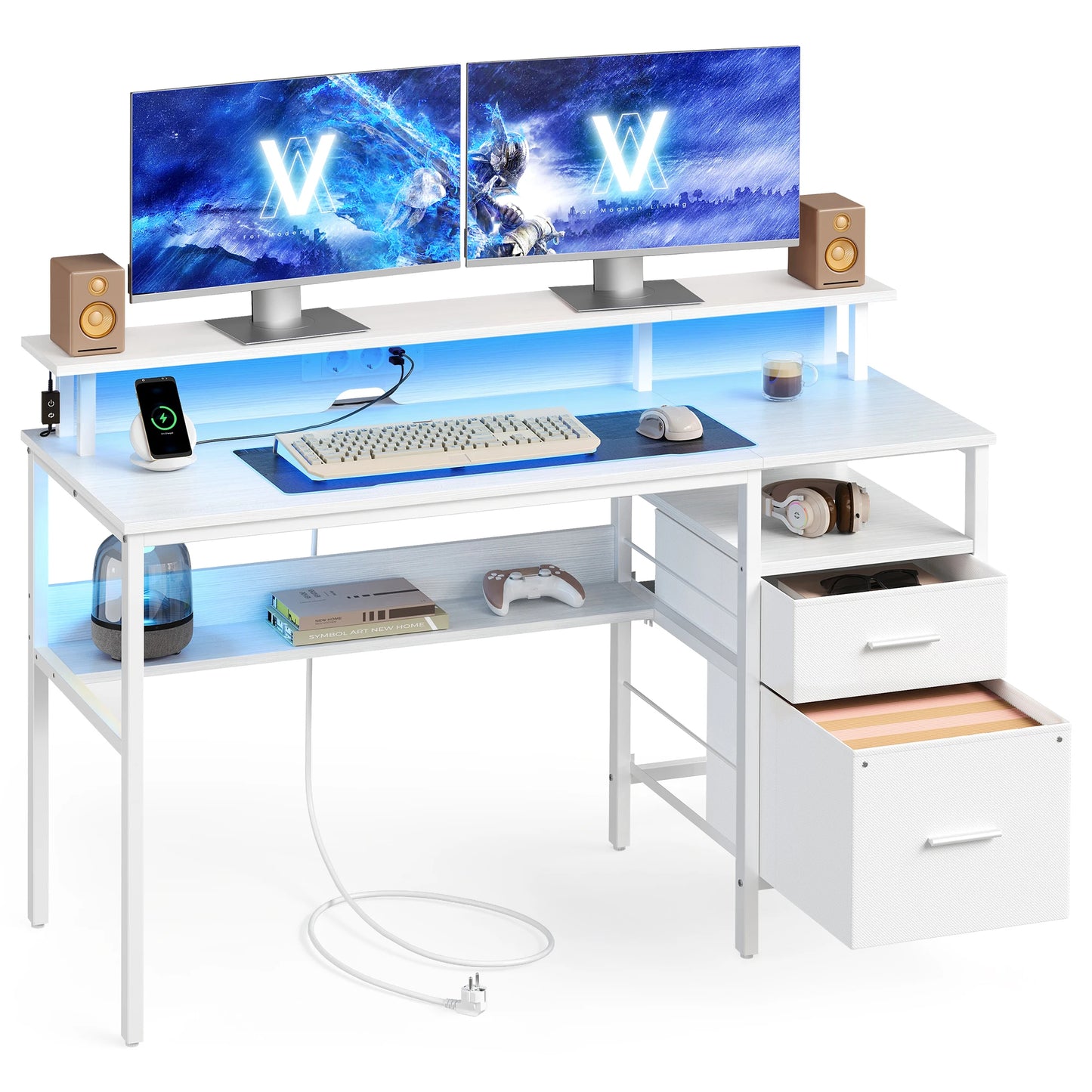 VASAGLE Bureau Gaming avec Lumières LED et Multiprise, Bureau Informatique avec Support d'Écran, Table avec Rangement, 2 Tiroirs en Tissu, 2 Ports USB, pour Bureau