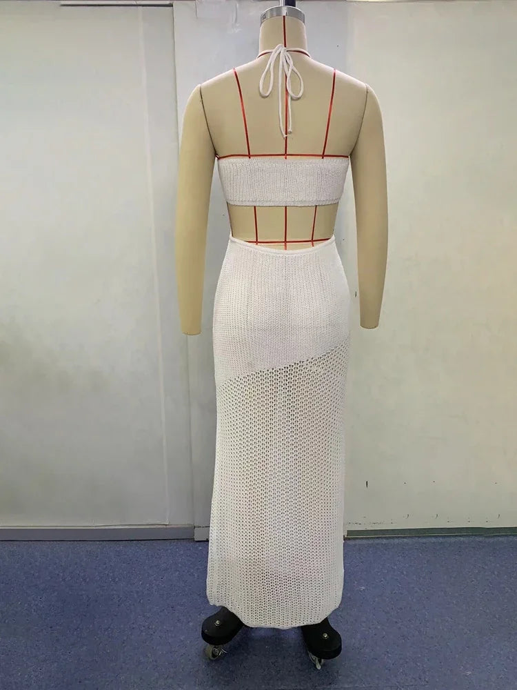 Avrilyaan White Knitting Bodycon Backless Sexy Dress Women Hollow Out Elegant Holiday Casual Dresses Summer Long Dress Vestidos