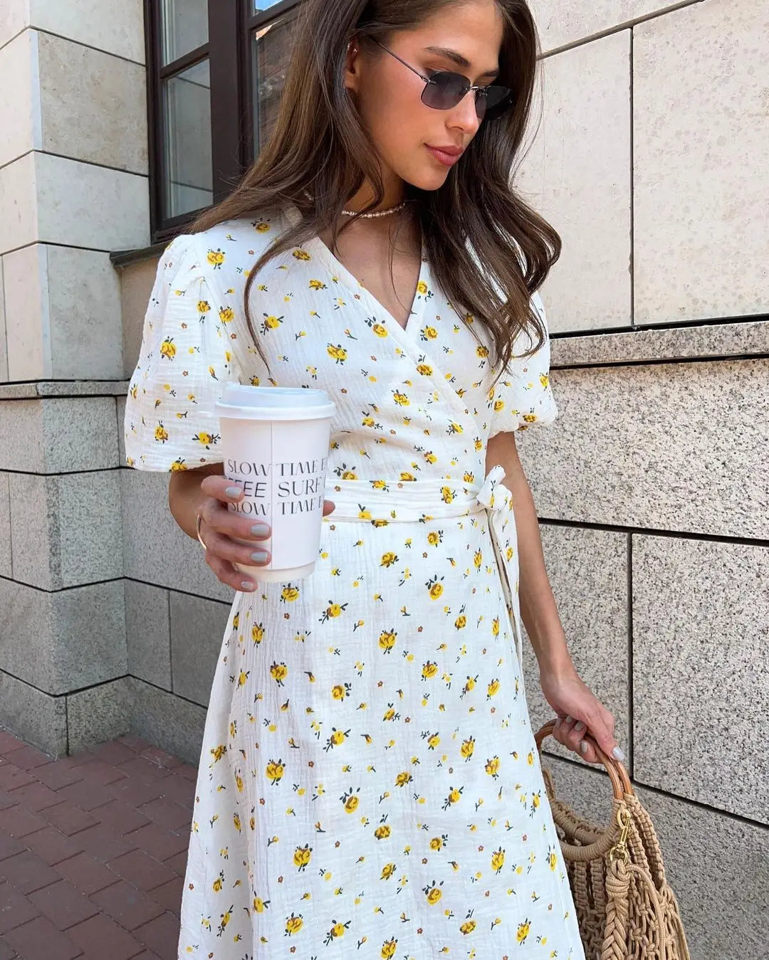 Bornladie Women Psrinted Lace Up Dress Summer Short Sleeve Fashion Office Lady Long Dress 100% Cotton Daily Casual V-neck Skirt