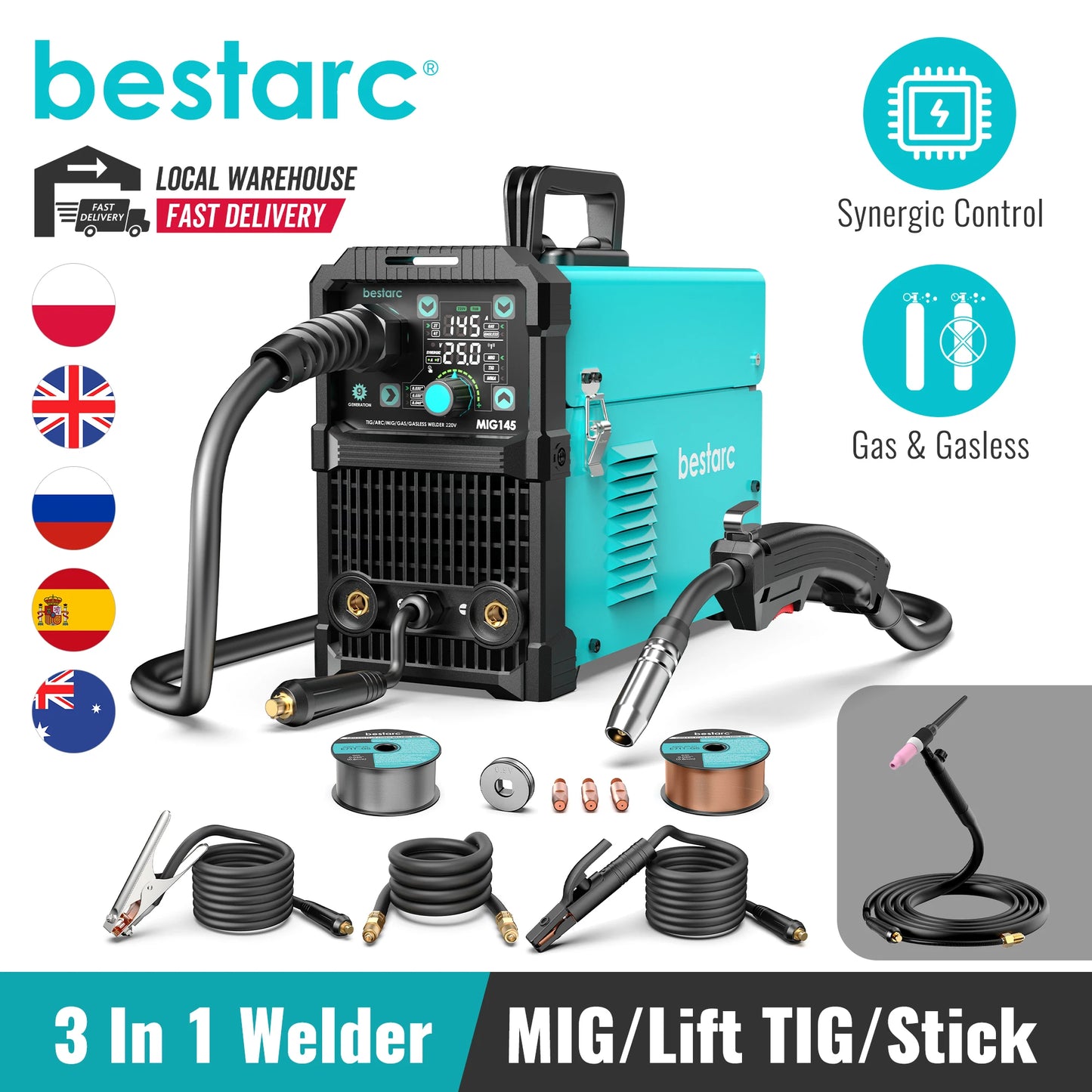 BESTAC-Soudeur MIG 3 en 1 avec affichage numérique, monophasé, 145 V, 220 ampères, gaz MIG/sans gaz MIG/Lift TIG/Stick