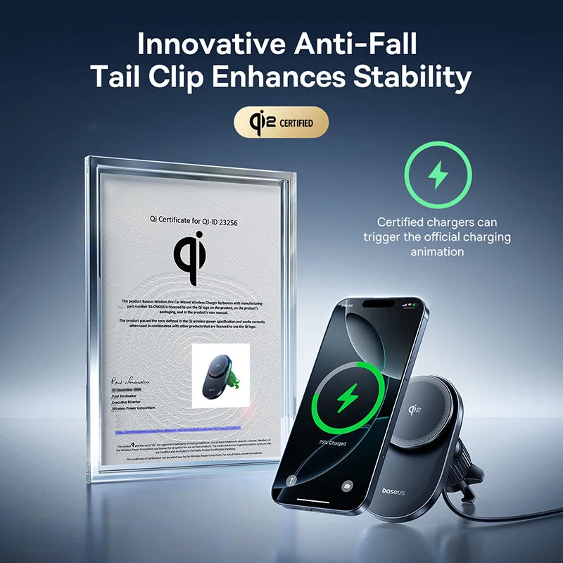 Baseus Chargeur sans fil magnétique pour voiture, Qi2, 15W, charge rapide, support de téléphone, ventilateur de refroidissement, iPhone 16, 15, 14, Samsung, Xiaomi