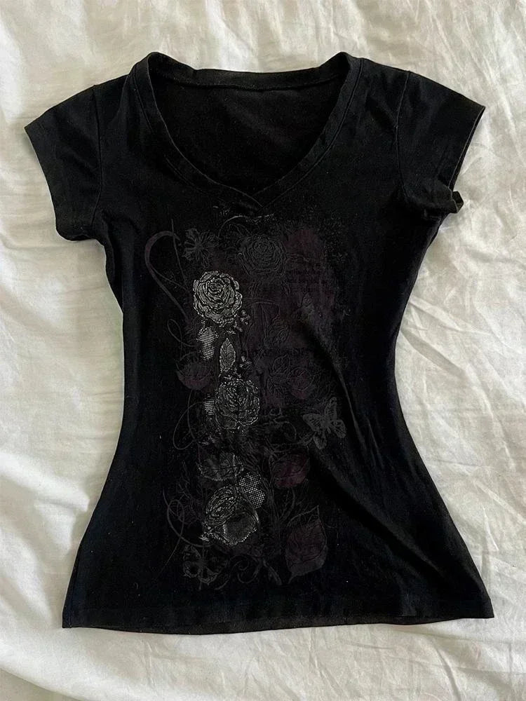 Vintage vêtements femmes imprimer Sexy Punk Streetwear mince Femme t-shirts chemise gothique décontracté Grunge t-shirts 2000s Emo Y2k haut court