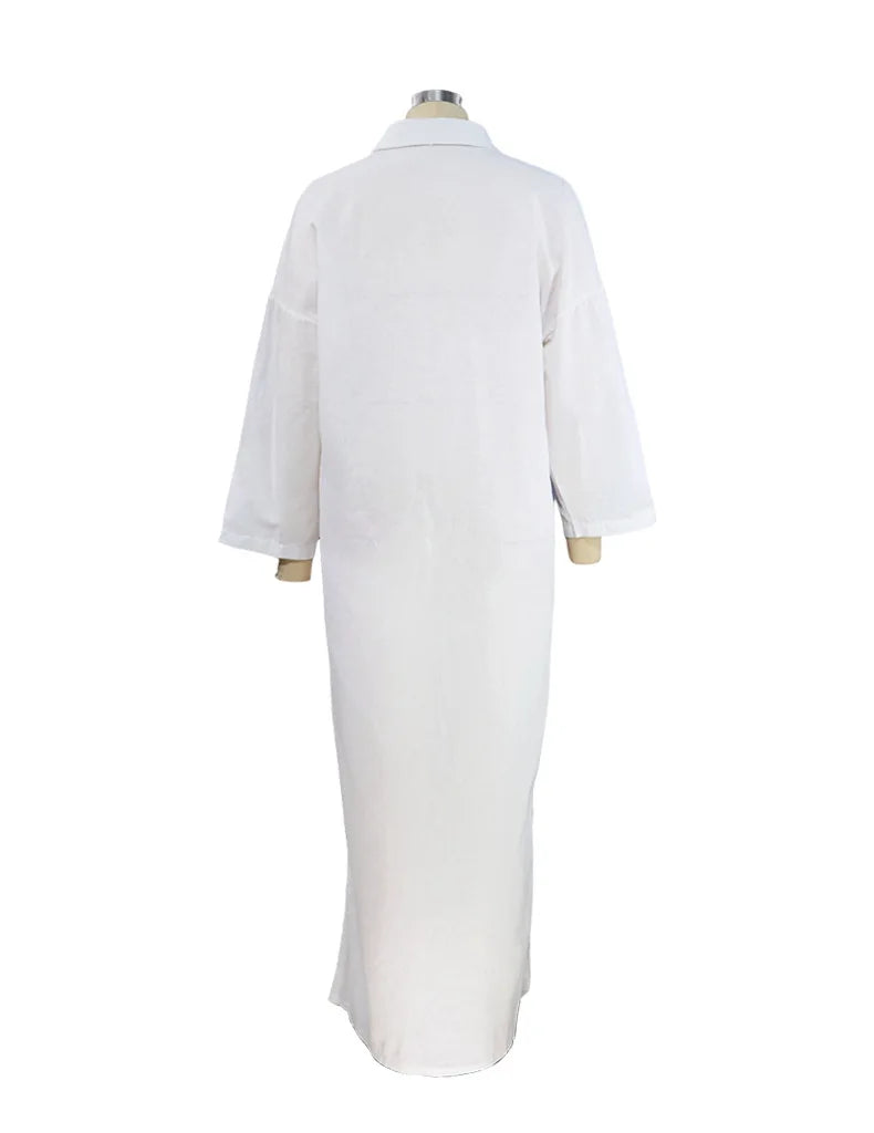 BAMBOOBOY Summer Long Dress Women Three-quarter Sleeve Button Shirts Single Breasted Dresses V-Neck Loose Slit Beach Sundress