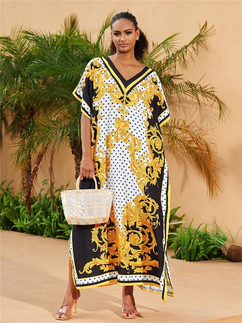 Tenues de plage pour femmes, cache-maillot de bain, robe caftan, tunique longue, Maxi, grande taille, maillot de bain imprimé Polyester