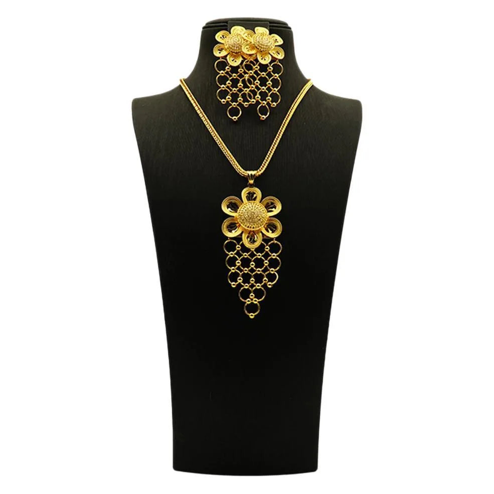 Ensemble de boucles d'oreilles et collier avec pendentif en forme de fleur en or 24 carats plaqué cuivre, accessoires de mariage pour femmes