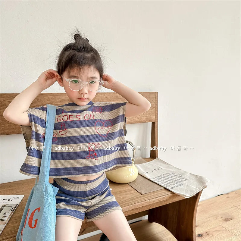deer jonmi 2024 Summer Korean Style Unisex Kids Striped Outfits Embroidery Loose Tops Shorts 2pcs Toddlers Kids Clothing Sets