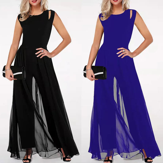 Femmes été longue combinaison 2023 coupe ajustée col rond sans manches creux lait soie couleur unie combinaison femme robes YML 2022417