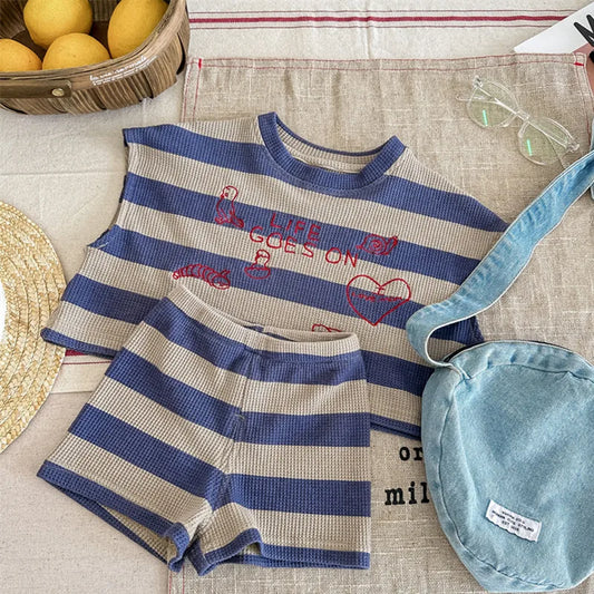 deer jonmi 2024 Summer Korean Style Unisex Kids Striped Outfits Embroidery Loose Tops Shorts 2pcs Toddlers Kids Clothing Sets