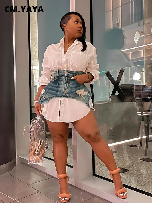 CM.YAYA-Robe Vintage à Manches sulfpour Femme, Col Rabattu, Chemise Style Chemisier avec Jean Denim, Mini Jupe Irrégulière, Ensemble 2 Pièces