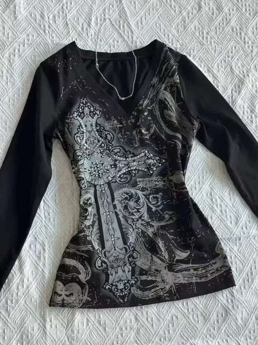 Vintage vêtements femmes imprimer Sexy Punk Streetwear mince Femme t-shirts chemise gothique décontracté Grunge t-shirts 2000s Emo Y2k haut court