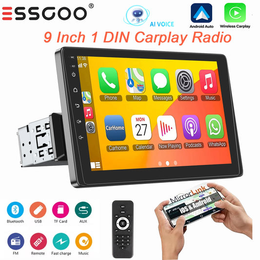 ESSGOO 9" 1 DIN Universel avec commande vocale AI intelligente CarPlay sans fil Android Auto Autoradio Lecteur vidéo multimédia Écran tactile HD Navigation GPS WiFi Bluetooth FM Radio Commandes au volant Mirror Link