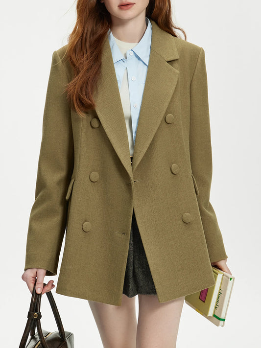 FSLE-Blazer marron 3.5% laine pour femme, col croisé, bouton croisé, taille fine, devant, manteau initié, 24FS14489