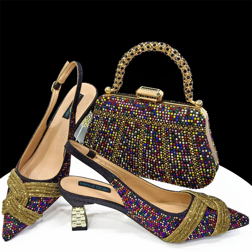 Venus Chan 2024 Design spécial haute qualité couleur Orange femmes africaines chaussures et sac ensemble avec cristal brillant pour la fête de mariage