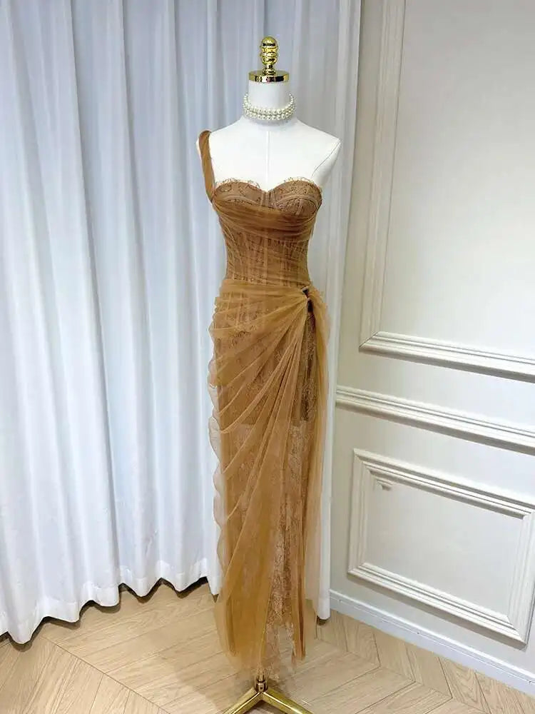 DEAT Women's Single Shoulder Spliced Lace Slit Long Dress 2025 Summer Solid Color Zipper Sleeveless Split Elegant Dresses 15C455