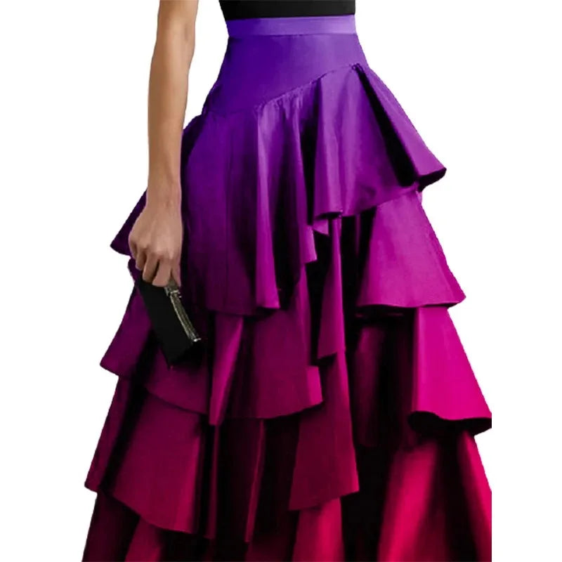 Beautyblue robes de soirée élégantes pour femmes 2025 dégradé jupes longues mode a-ligne Falbala taille haute bas jupe femme