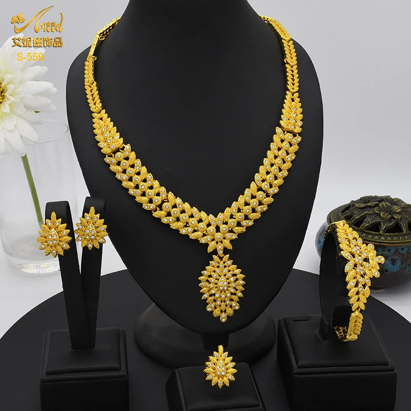 ANIID-Ensembles de bijoux africains pour femmes, boucles d'oreilles fleur, collier ras du cou, bracelet, hawaïen, indien, Dubaï, bijoux dorés, accessoires