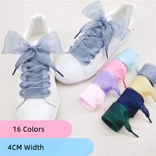 1 paire de cordes de chaussures en Organza de 4cm de large 60-180cm pour femmes, lacets plats en ruban de Satin de soie, baskets en toile, chaussures de Sport