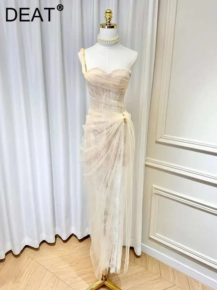DEAT Women's Single Shoulder Spliced Lace Slit Long Dress 2025 Summer Solid Color Zipper Sleeveless Split Elegant Dresses 15C455
