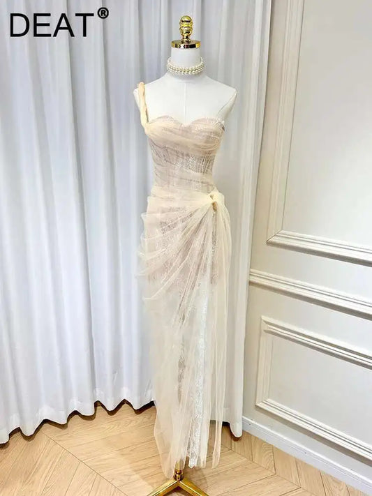 DEAT Women's Single Shoulder Spliced Lace Slit Long Dress 2025 Summer Solid Color Zipper Sleeveless Split Elegant Dresses 15C455