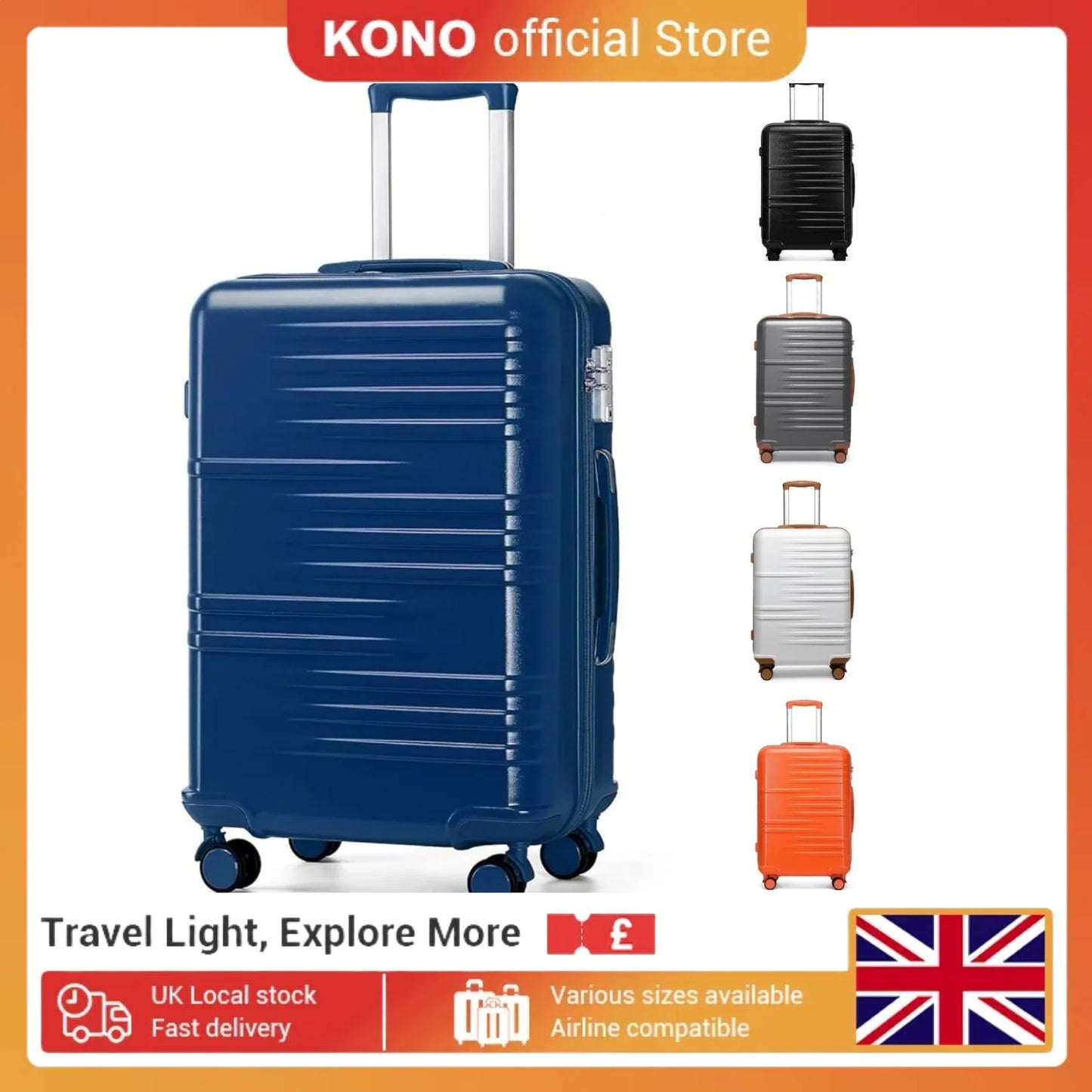 Valise de cabine rigide en PC léger, valise de voyage britannique, 4 roues tournantes, valise à main BLOLock à 3 chiffres